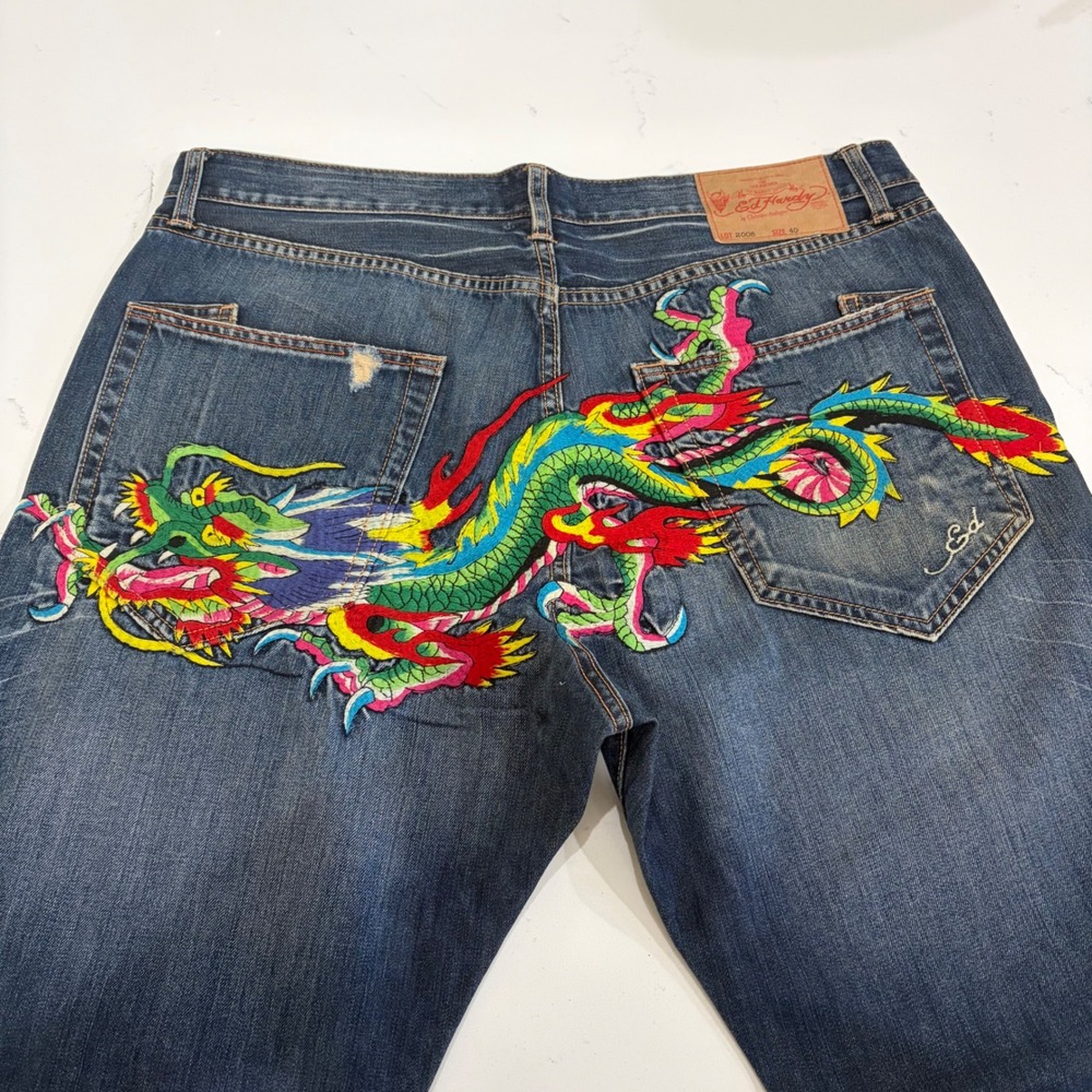 Ed Hardy Lot 2008 Mens Dragon Embroidered Jeans Blue Denim Size 40x32 Y2K